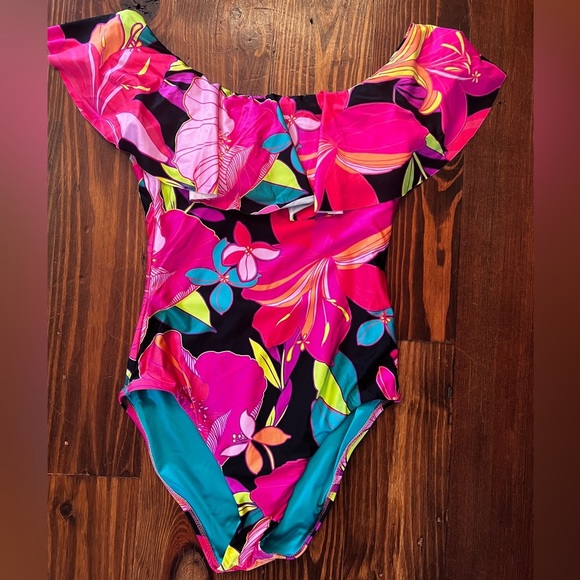 TRINA TURK SWIM Floral Off Shoulder Ruffle One Piece Swim Suit - Picture 3 of 14
